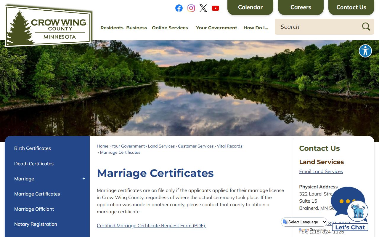 Crow Wing County Court Administrator Land Services marriage certificate distinction