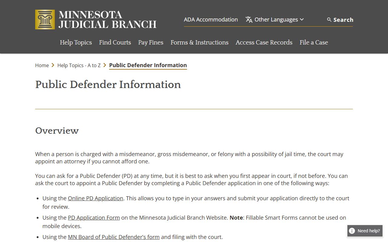 Crow Wing County Court Administrator public defender application source