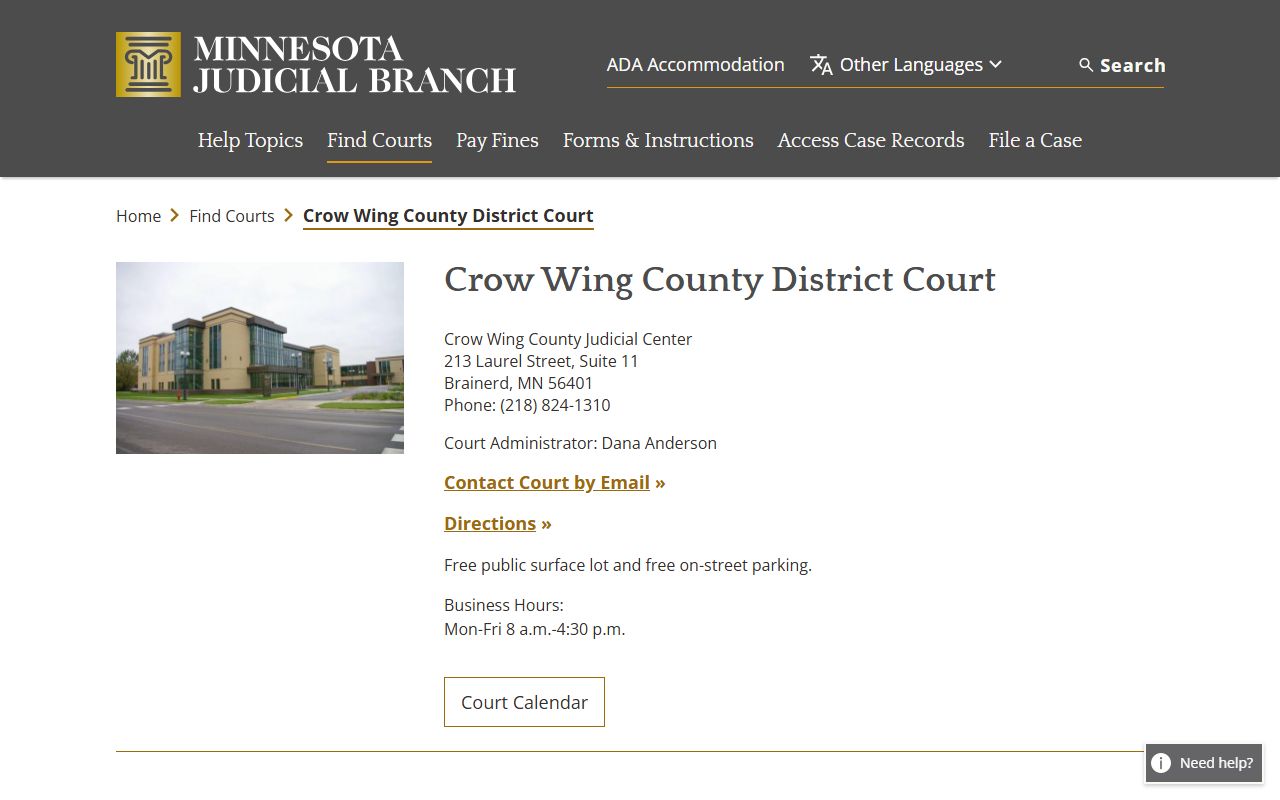 Crow Wing County court dockets District Court page