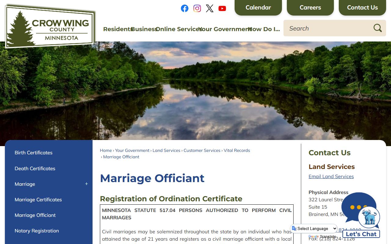Crow Wing County marriage records officiant filing source