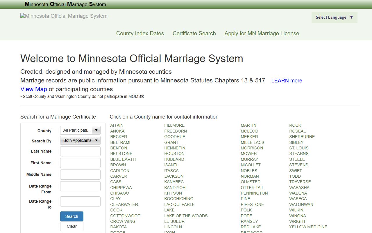 Crow Wing County marriage records MOMS statewide search portal