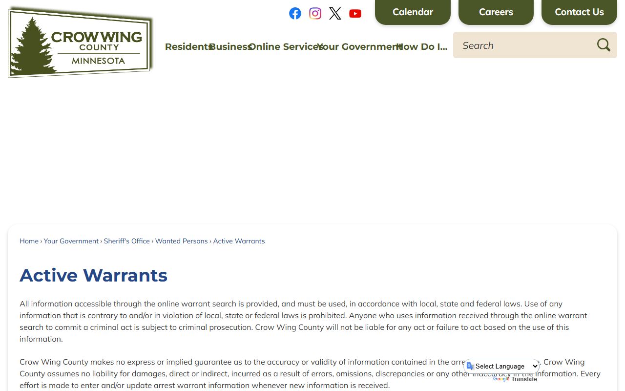 Crow Wing County warrant search active warrants page