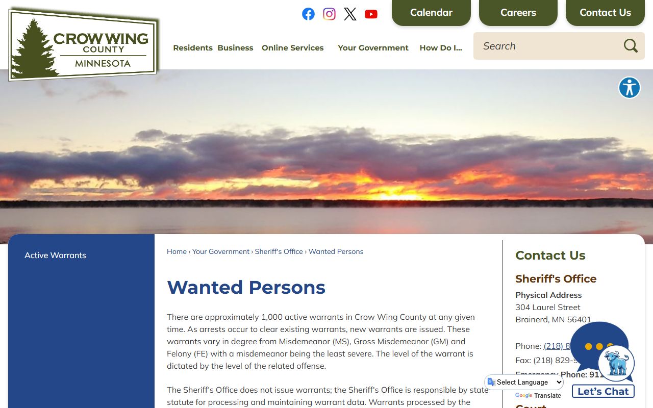 Crow Wing County warrant search wanted persons page